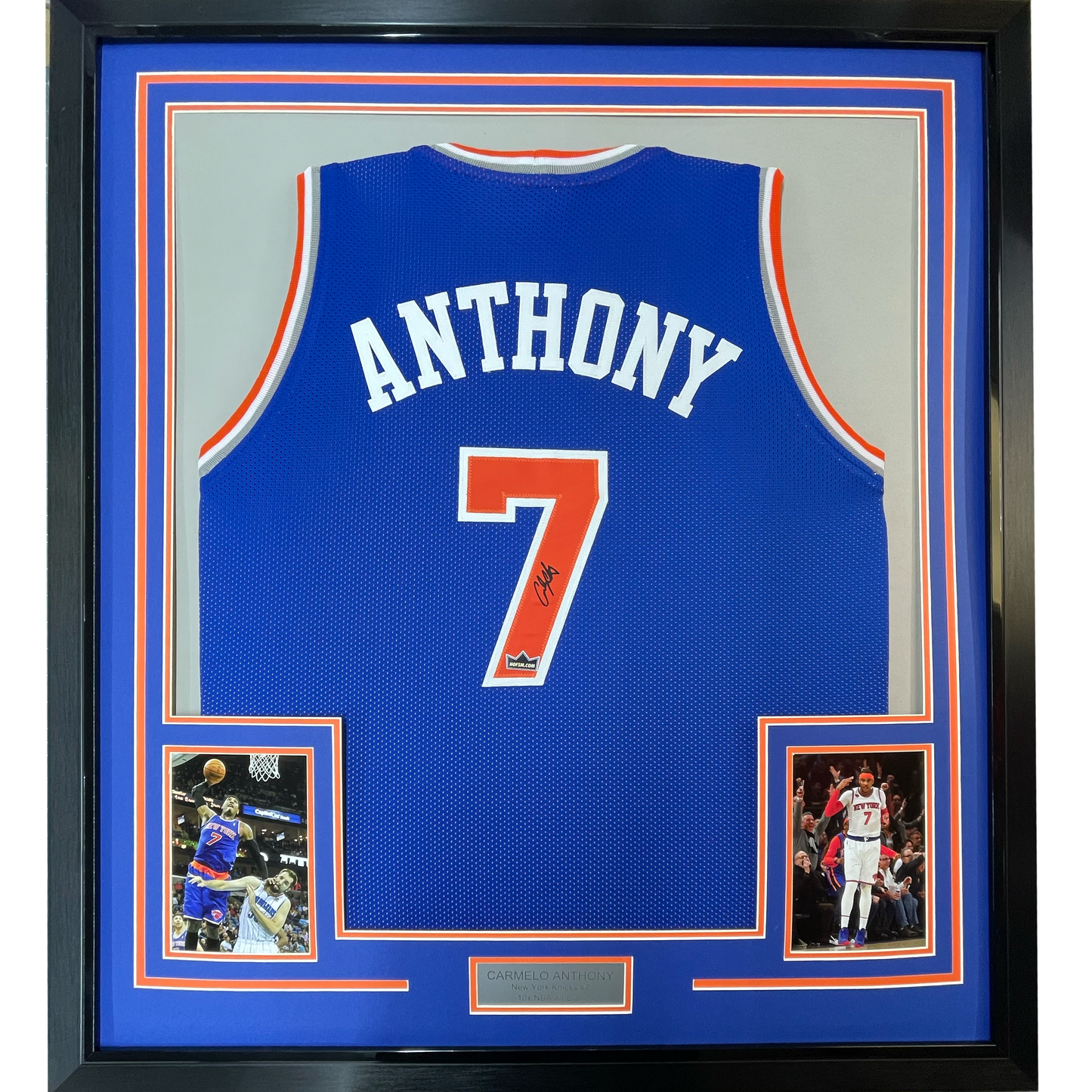 Framed Facsimile Autographed Carmelo Anthony 35x39 New York Blue Reprint Laser Auto Basketball Jersey