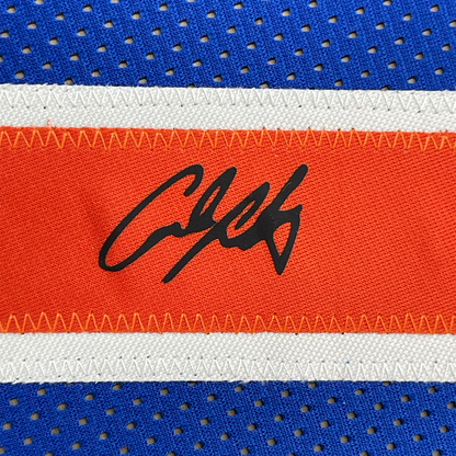 Framed Facsimile Autographed Carmelo Anthony 35x39 New York Blue Reprint Laser Auto Basketball Jersey