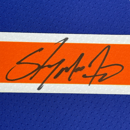 Framed Autographed/Signed Carmelo Anthony 35x39 New York Knicks Blue Authentic Swingman Basketball Jersey Fanatics COA