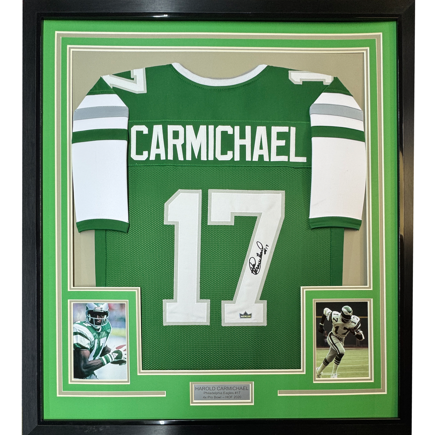 Framed Facsimile Autographed Harold Carmichael 35x39 Philadelphia Kelly Green Reprint Laser Auto Football Jersey