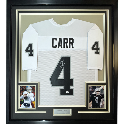 Framed Autographed/Signed Derek Carr 35x39 Las Vegas Oakland White Football Jersey JSA COA