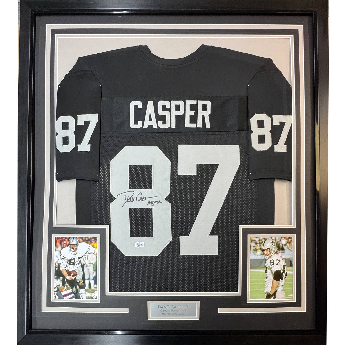 Framed Autographed/Signed Dave Casper 35x39 HOF 02 Oakland Las Vegas Black Football Jersey Beckett BAS COA