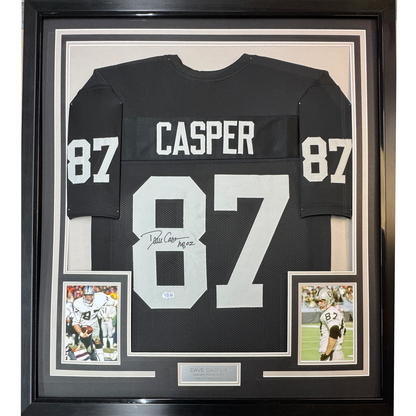 Framed Autographed/Signed Dave Casper 35x39 HOF 02 Oakland Las Vegas Black Football Jersey Beckett BAS COA