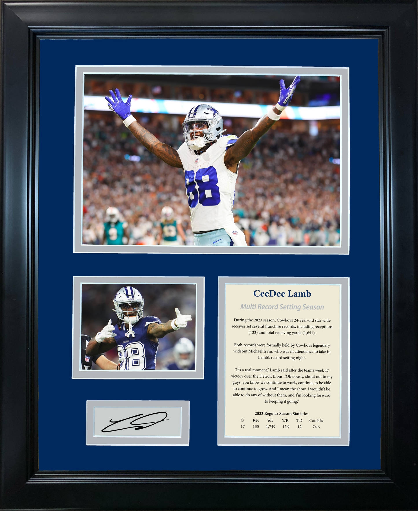 Framed CeeDee Lamb Dallas Cowboys Single Season Record Receptions & Yards Facsimile Laser Engraved Signature Auto 11"x14" Photo Sig Collage