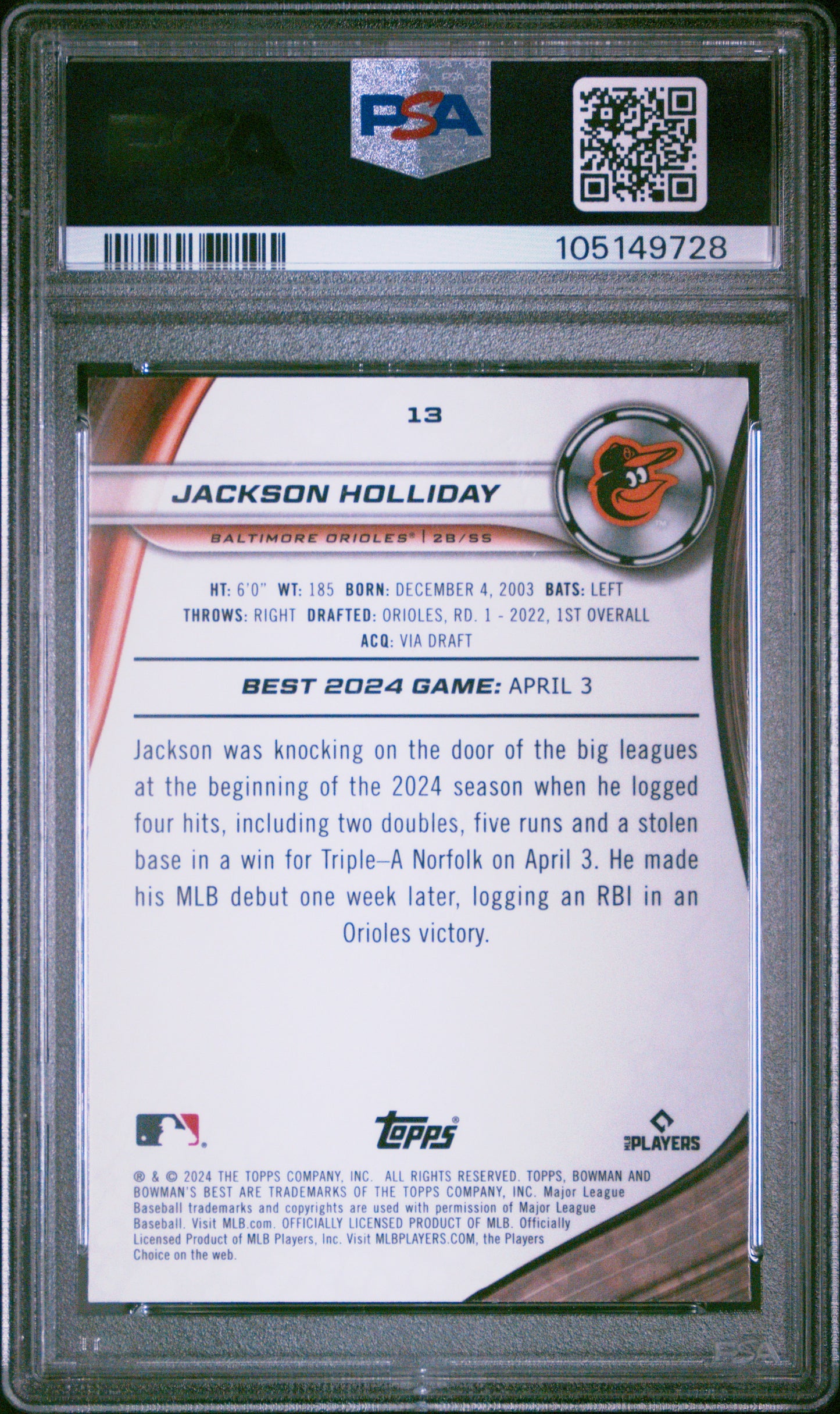 Graded 2024 Topps Bowmans Best Jackson Holliday #13 Rookie RC Baseball Card PSA 10 Gem Mint