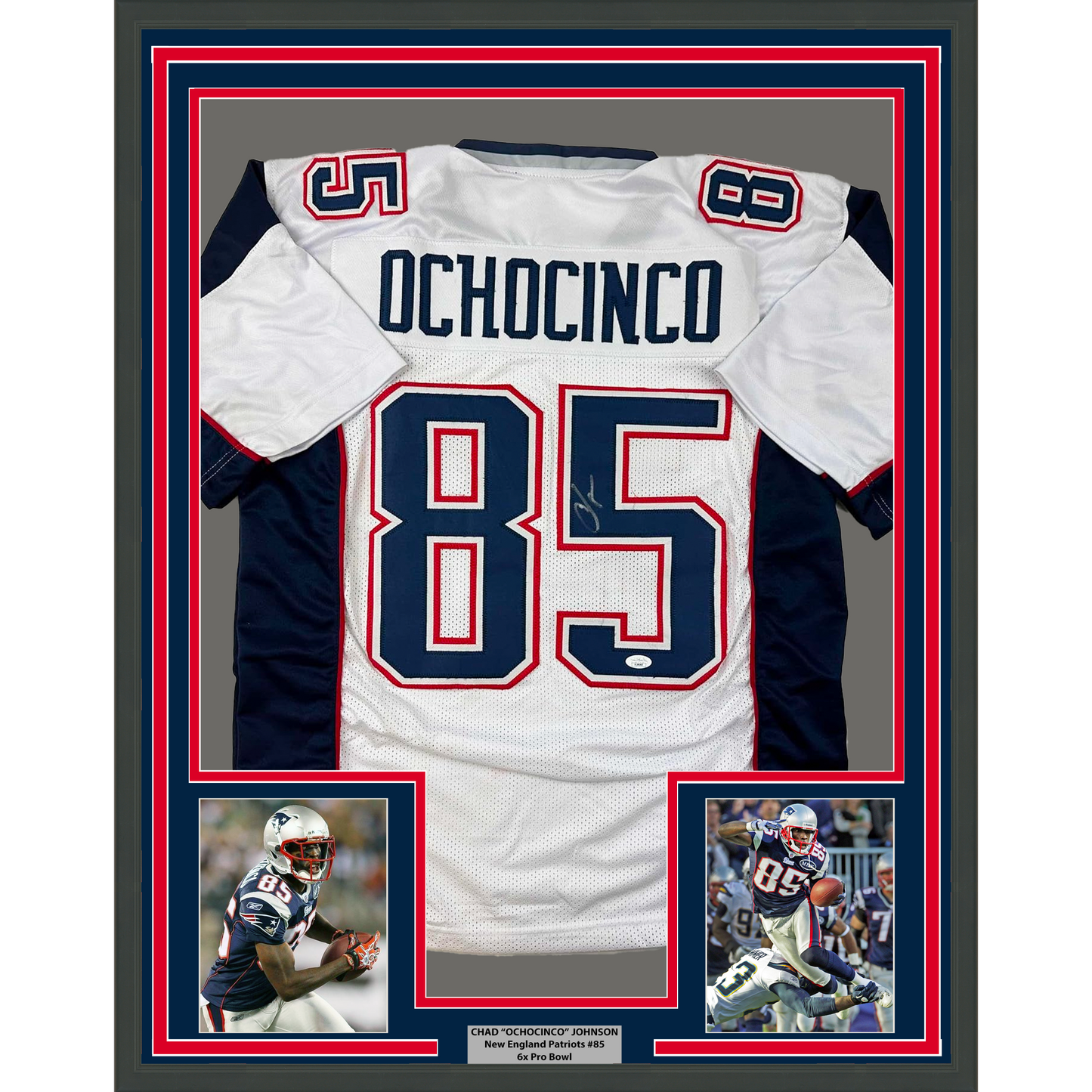 Framed Autographed/Signed Chad Ochocinco (Johnson) 35x39 New England White Football Jersey JSA COA