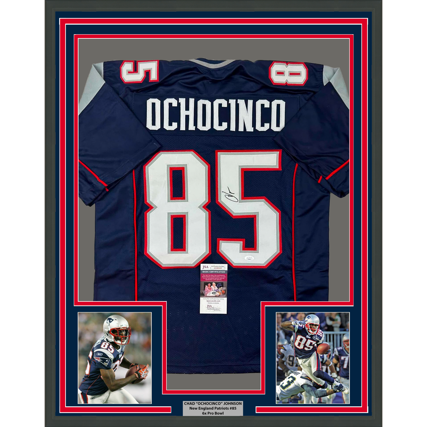 Framed Autographed/Signed Chad Ochocinco (Johnson) 35x39 New England Blue Football Jersey JSA COA