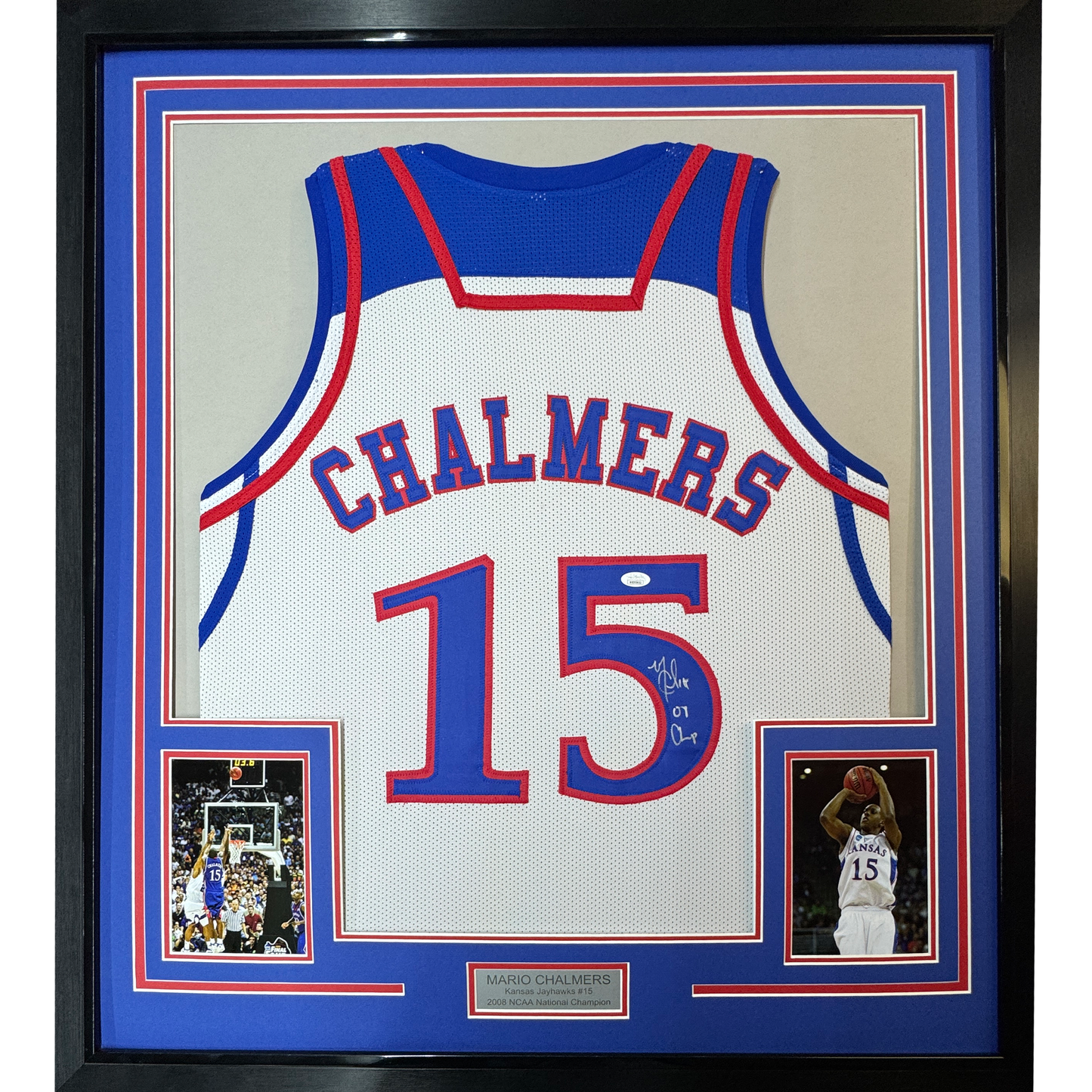 Framed Autographed/Signed Mario Chalmers 35x39 Kansas White College Basketball Jersey JSA COA