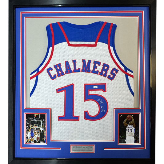 Framed Autographed/Signed Mario Chalmers 35x39 Kansas White College Basketball Jersey JSA COA
