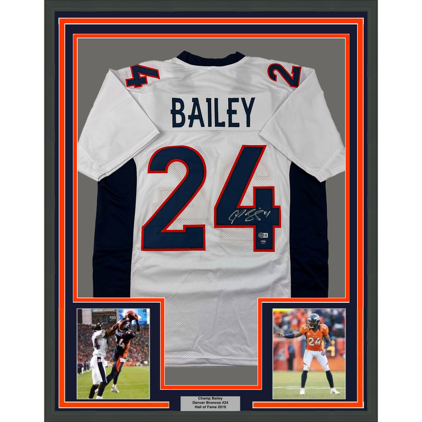 Framed Autographed/Signed Champ Bailey 35x39 Denver White Football Jersey Beckett BAS COA