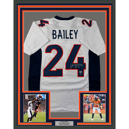Framed Autographed/Signed Champ Bailey 35x39 Denver White Football Jersey Beckett BAS COA