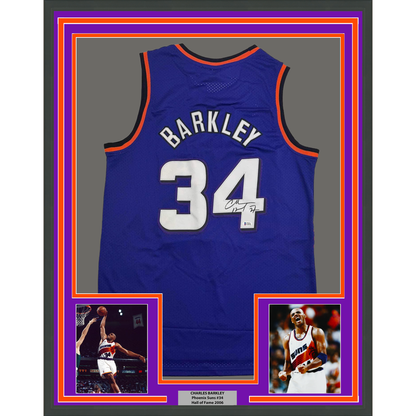 Framed Autographed/Signed Charles Barkley 35x39 Phoenix Purple Basketball Jersey Beckett BAS COA