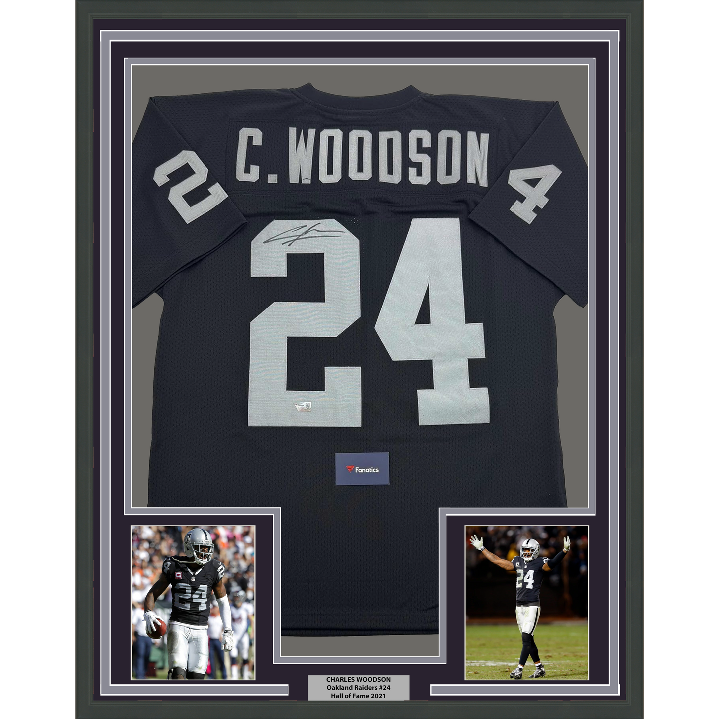Framed Autographed/Signed Charles Woodson 35x39 Oakland Raiders Black Mitchell & Ness Football Jersey Fanatics COA