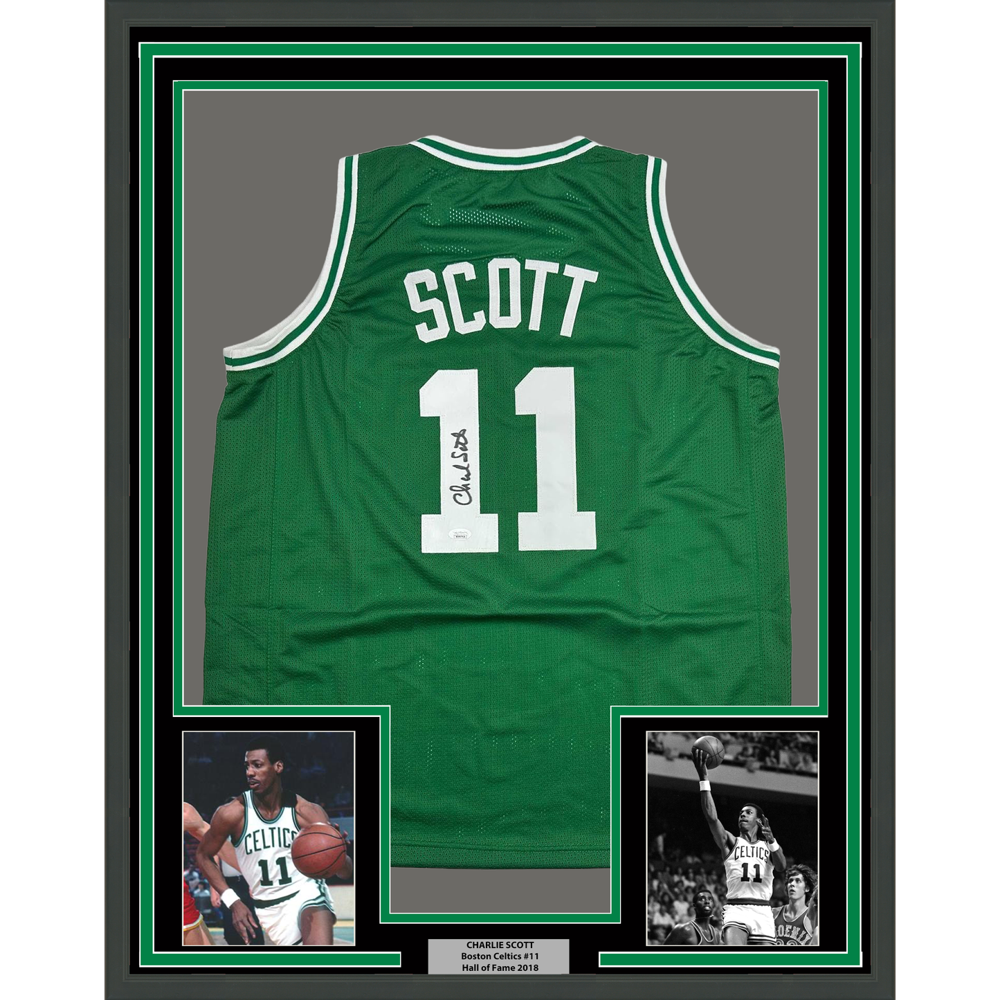 Framed Autographed/Signed Charlie Scott 35x39 Boston Green Basketball Jersey JSA COA