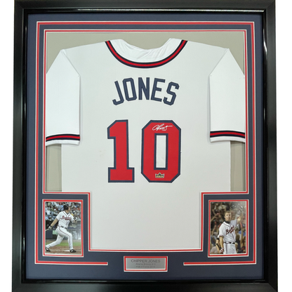 Framed Facsimile Autographed Chipper Jones 35x39 Atlanta White Reprint Laser Auto Baseball Jersey