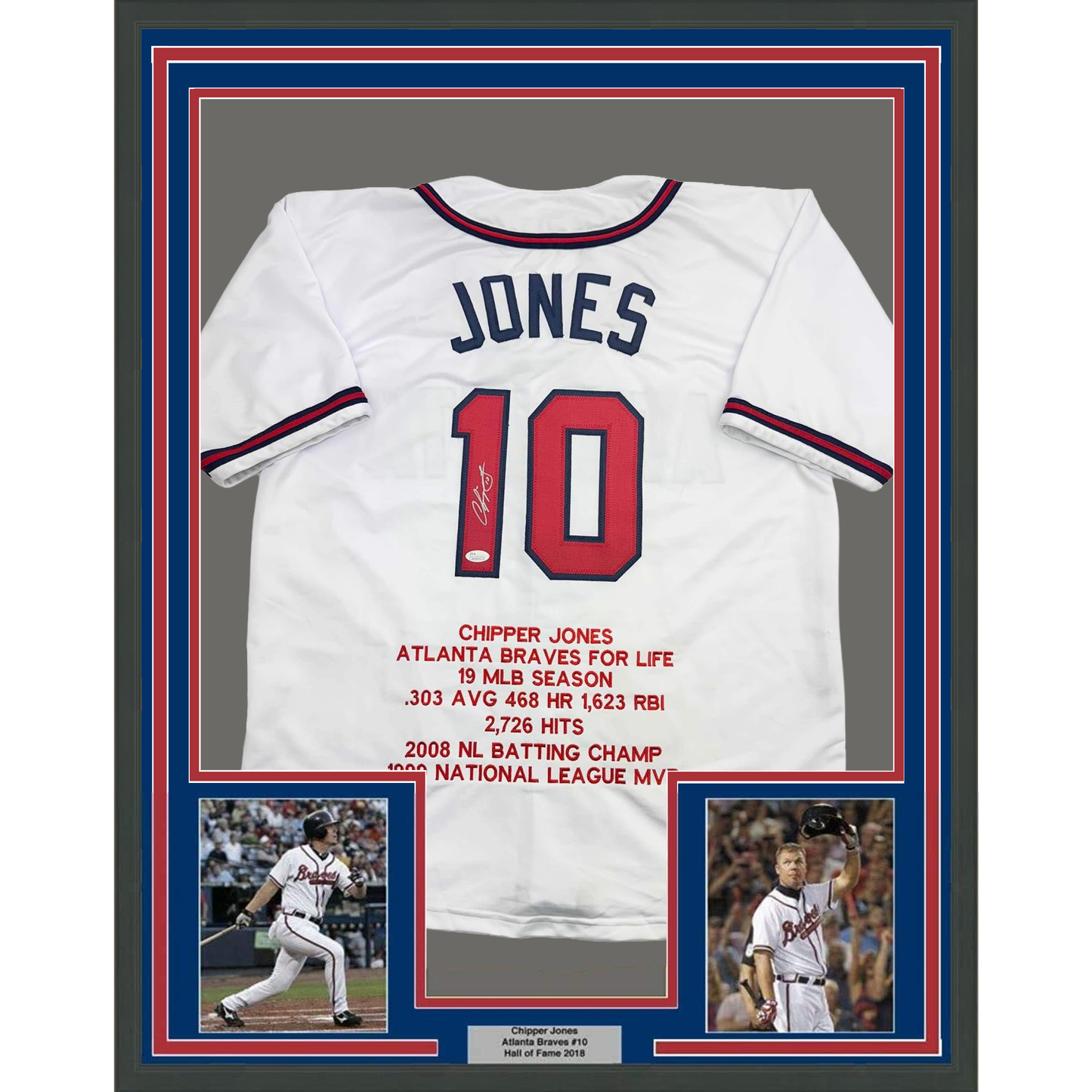 Framed Autographed/Signed Chipper Jones 35x39 Atlanta White Stat Baseball Jersey JSA COA