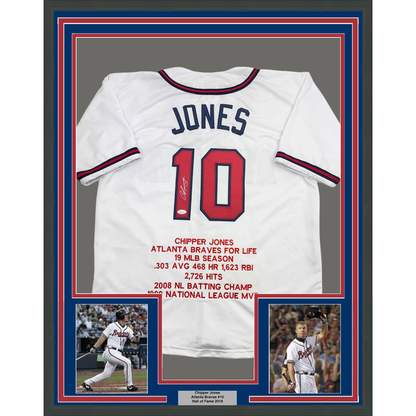 Framed Autographed/Signed Chipper Jones 35x39 Atlanta White Stat Baseball Jersey JSA COA
