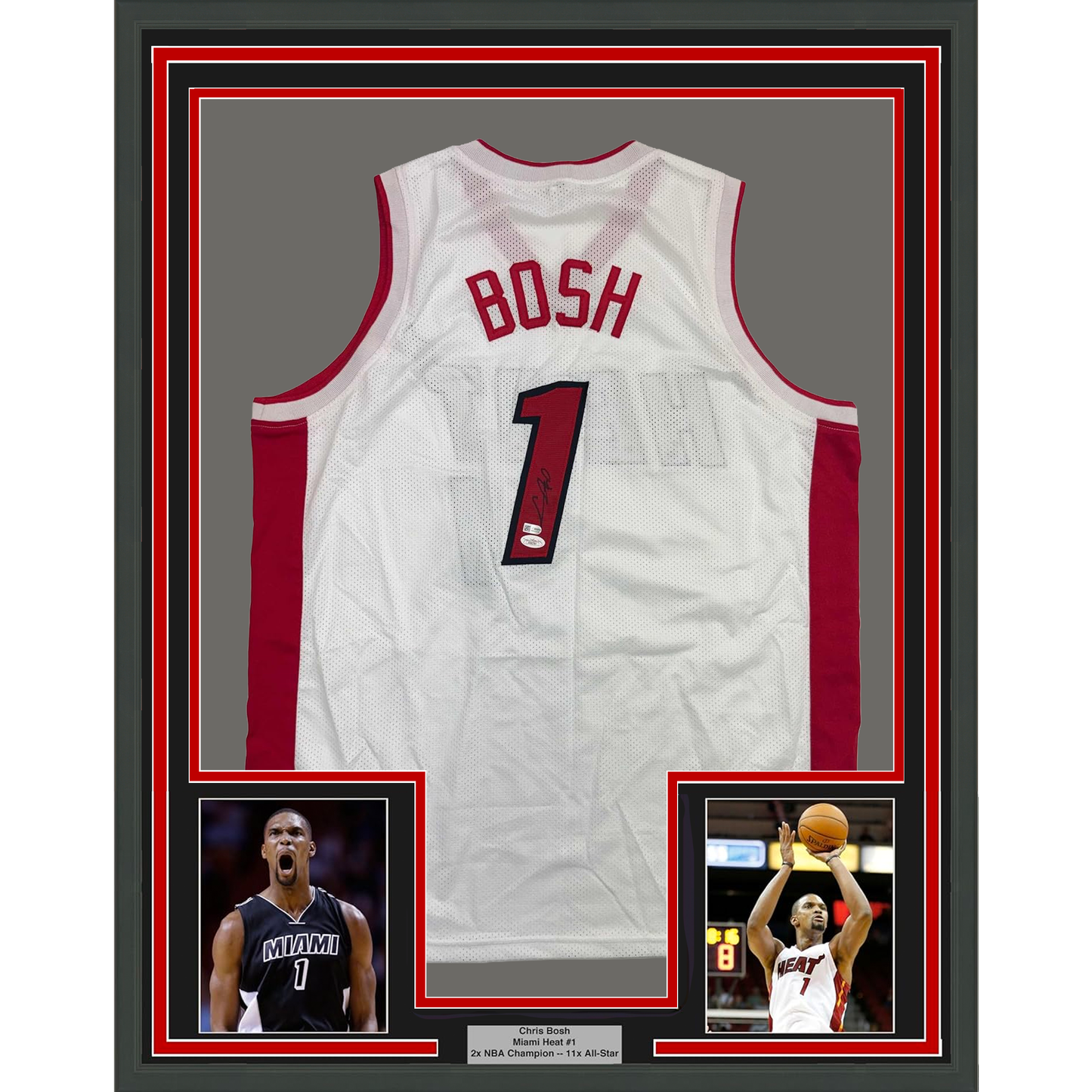 Framed Autographed/Signed Chris Bosh 35x39 Miami White Basketball Jersey JSA COA