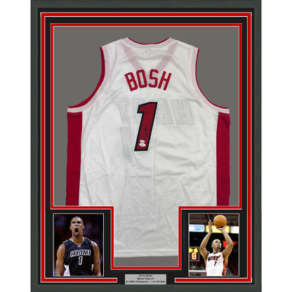 Framed Autographed/Signed Chris Bosh 35x39 Miami White Basketball Jersey JSA COA