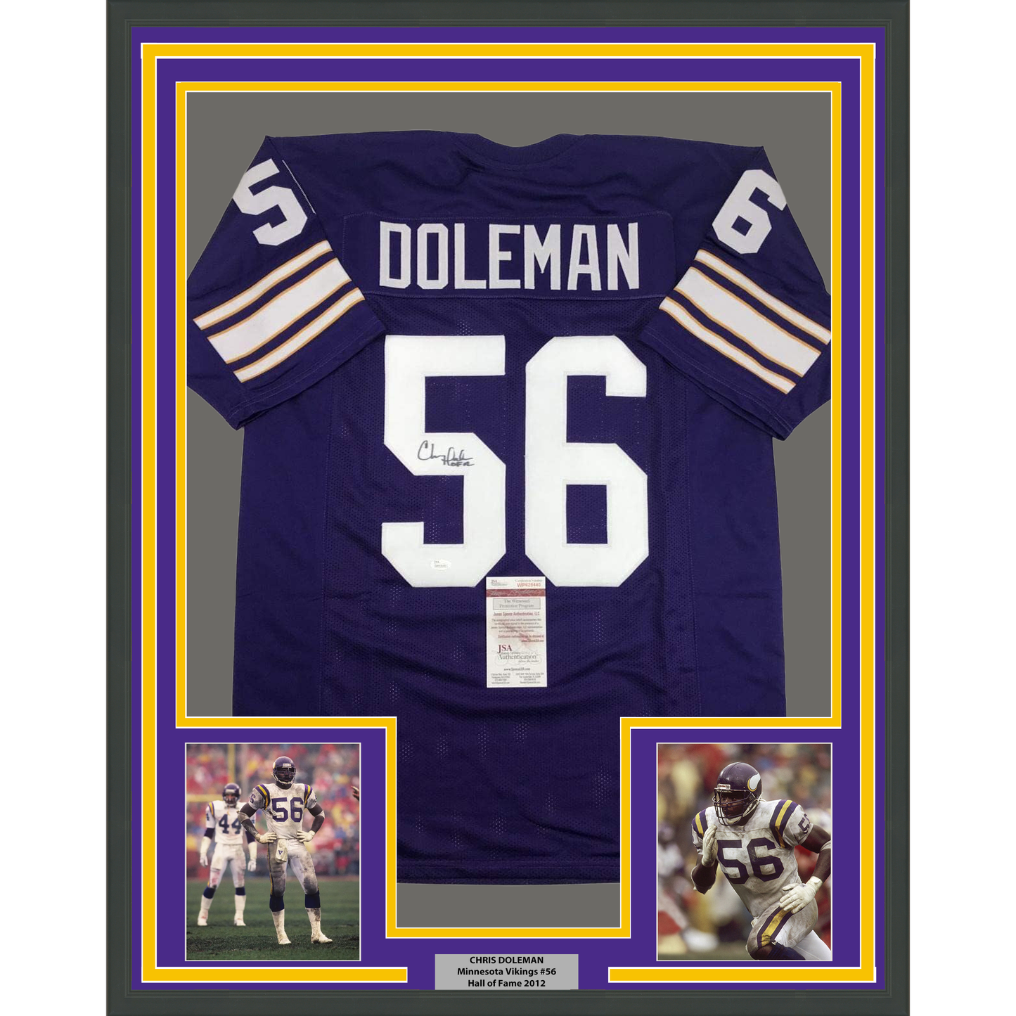 Framed Autographed/Signed Chris Doleman HOF 12 35x39 Minnesota Purple Football Jersey JSA COA