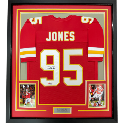 Framed Autographed/Signed Chris Jones 35x39 Kansas City Red Football Jersey JSA COA
