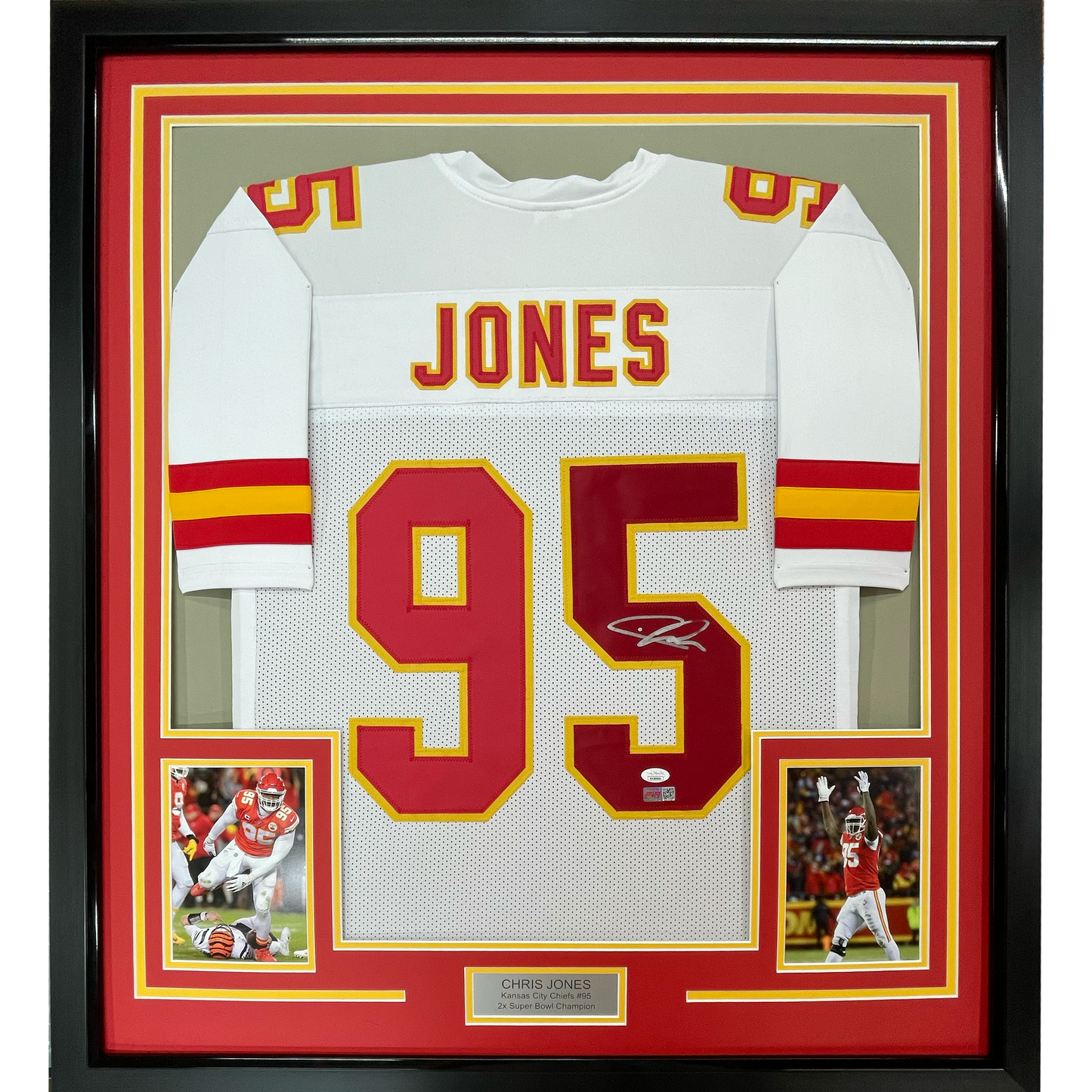 Framed Autographed/Signed Chris Jones 35x39 Kansas City White Football Jersey JSA COA