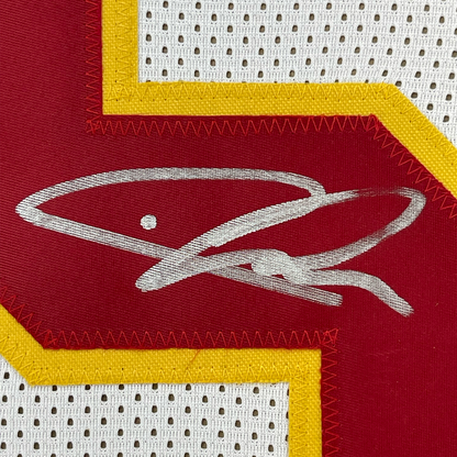 Framed Autographed/Signed Chris Jones 35x39 Kansas City White Football Jersey JSA COA
