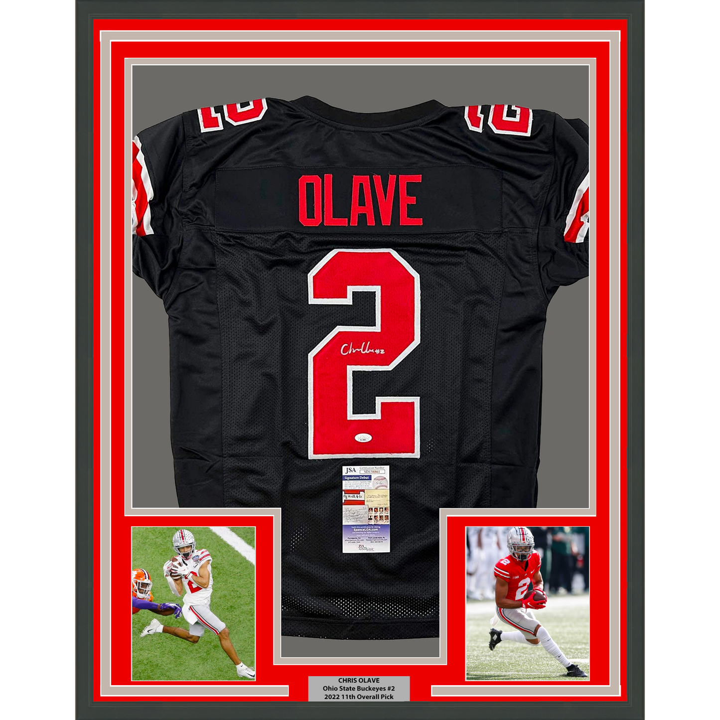 Framed Autographed/Signed Chris Olave 35x39 Ohio State Black College Football Jersey JSA COA