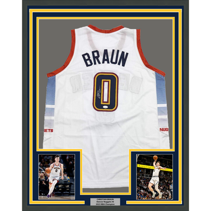 Framed Autographed/Signed Christian Braun 35x39 Denver White Basketball Jersey JSA COA