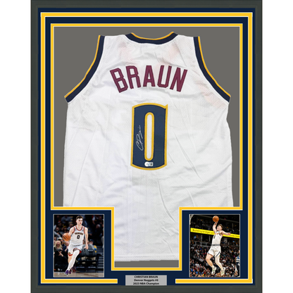 Framed Autographed/Signed Christian Braun 35x39 Denver White Basketball Jersey Beckett BAS COA