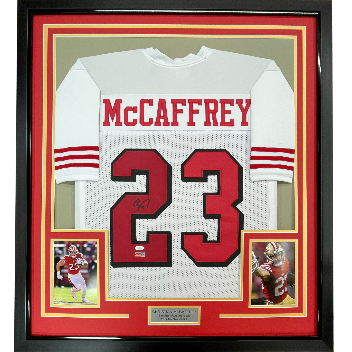 Framed Autographed/Signed Christian McCaffrey 35x39 San Francisco White Alternate Football Jersey JSA COA