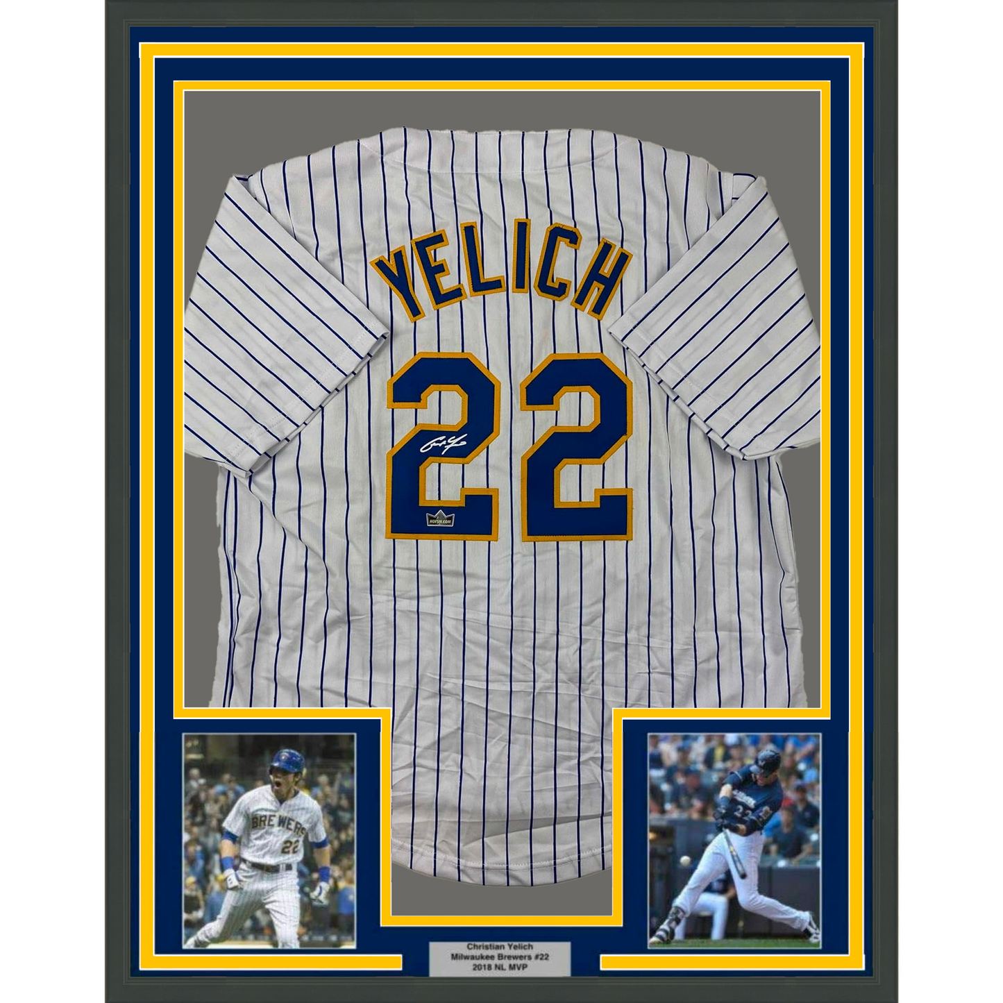 Framed Facsimile Autographed Christian Yelich 35x39 Milwaukee Pinstripe Reprint Laser Auto Baseball Jersey