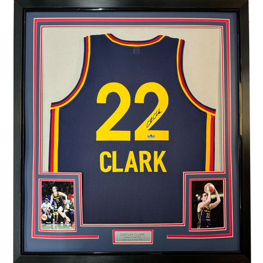 Framed Facsimile Autographed Caitlin Clark 35x39 Indiana Blue Reprint Laser Auto Basketball Jersey