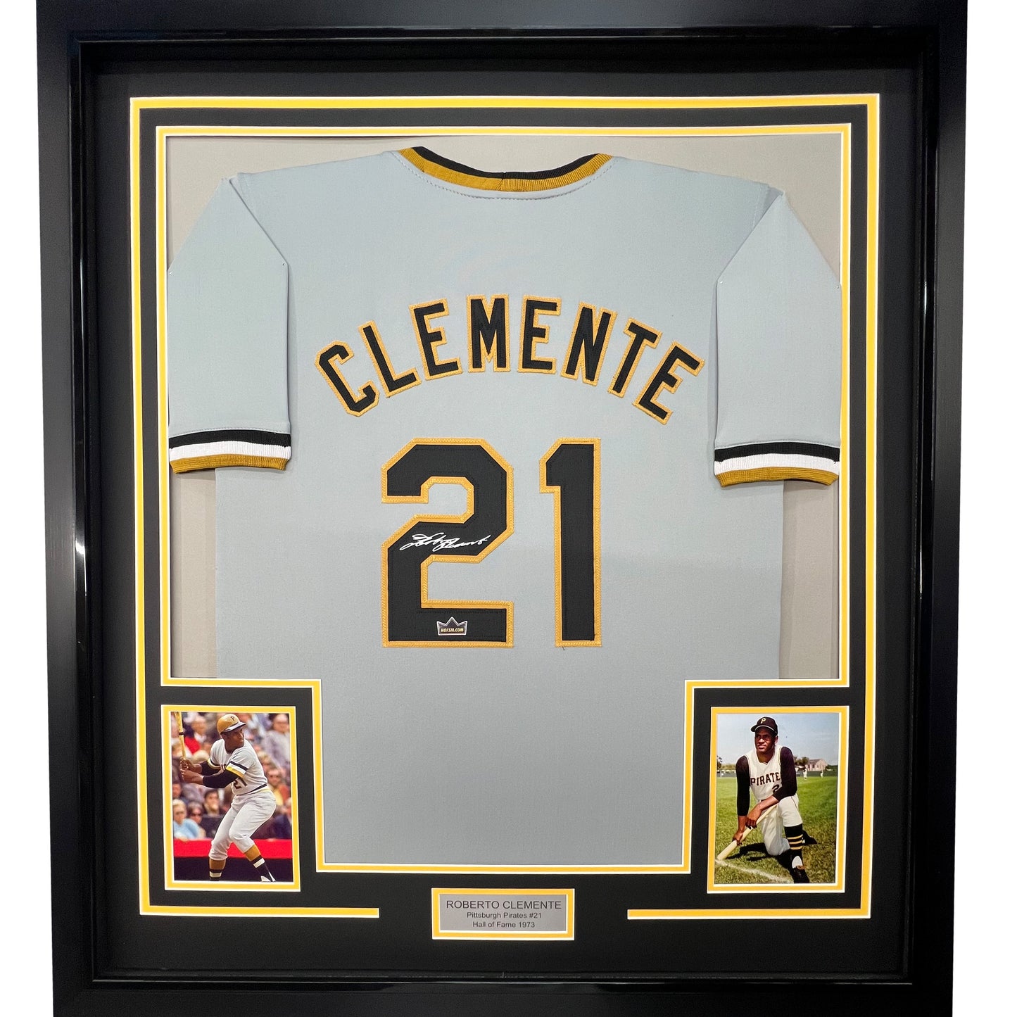 Framed Facsimile Autographed Roberto Clemente 35x39 Pittsburgh Grey Reprint Laser Auto Baseball Jersey