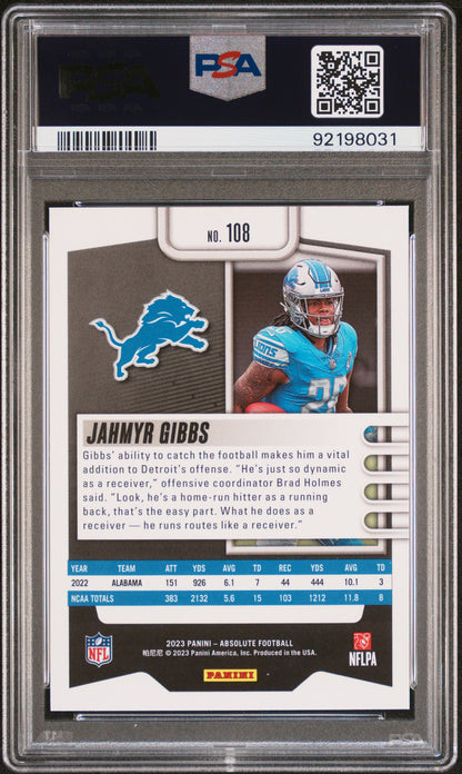 Graded 2023 Panini Absolute Jahmyr Gibbs #108 Black Rookie RC Football Card PSA 10 Gem Mint
