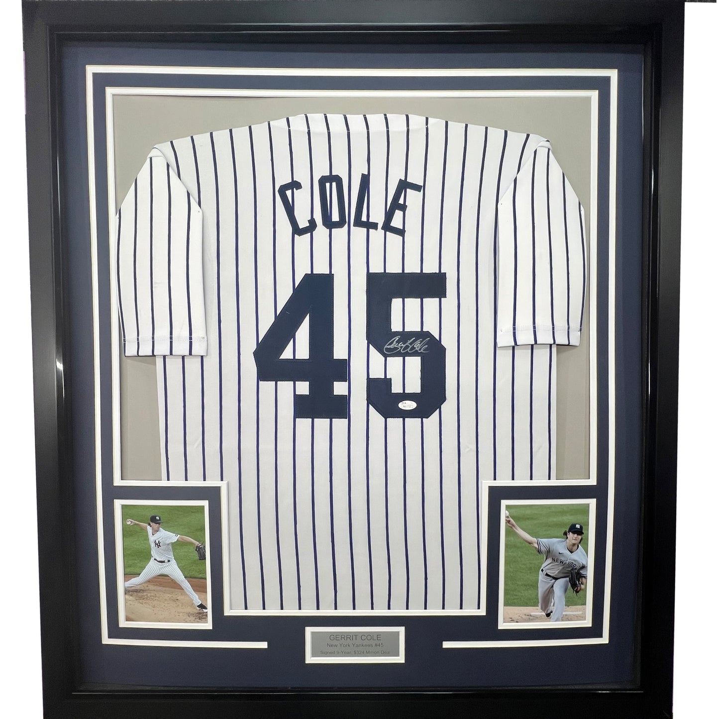 Framed Autographed/Signed Gerrit Cole 35x39 New York Pinstripe Baseball Jersey JSA COA