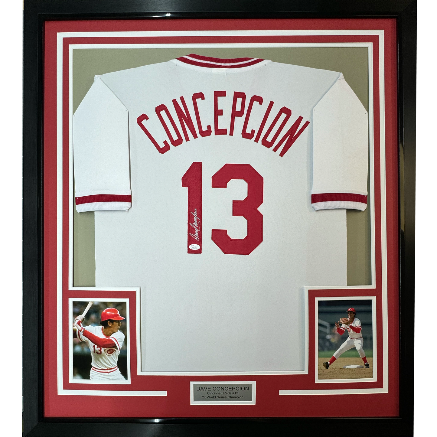 Framed Autographed/Signed Dave Concepcion 35x39 Cincinnati White Baseball Jersey JSA COA