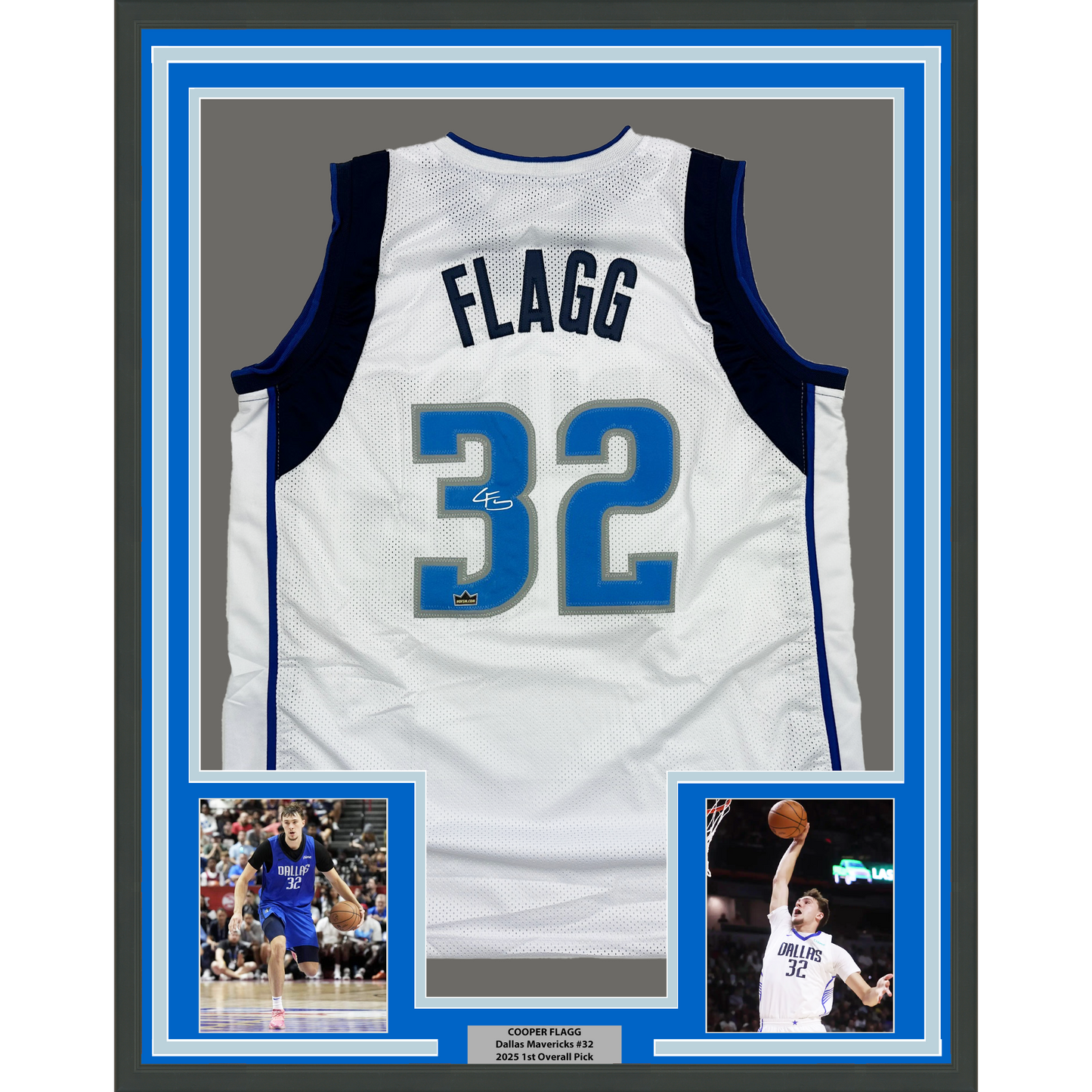 Framed Facsimile Autographed Cooper Flagg 35x39 Dallas White Reprint Laser Auto Basketball Jersey