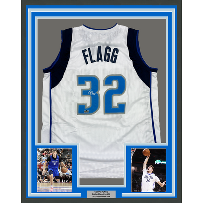 Framed Facsimile Autographed Cooper Flagg 35x39 Dallas White Reprint Laser Auto Basketball Jersey