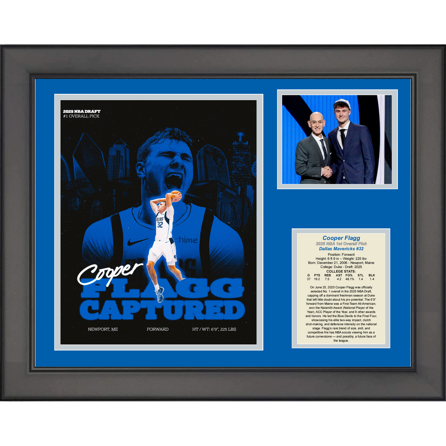 Framed Cooper Flagg 2025 NBA Draft 1st Pick Dallas Mavericks Basketball 11"x14" Three Photo Collage