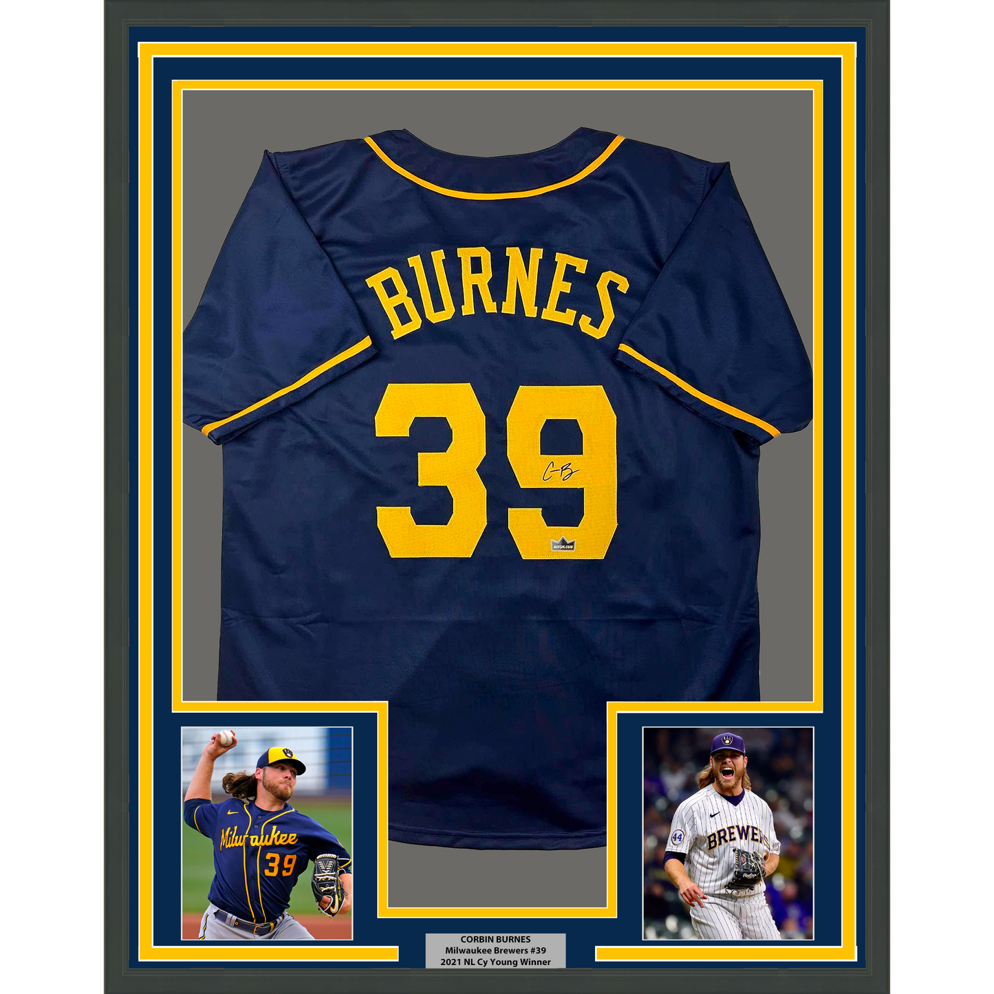 Framed Facsimile Autographed Corbin Burnes 35x39 Milwaukee Blue Reprint Laser Auto Baseball Jersey