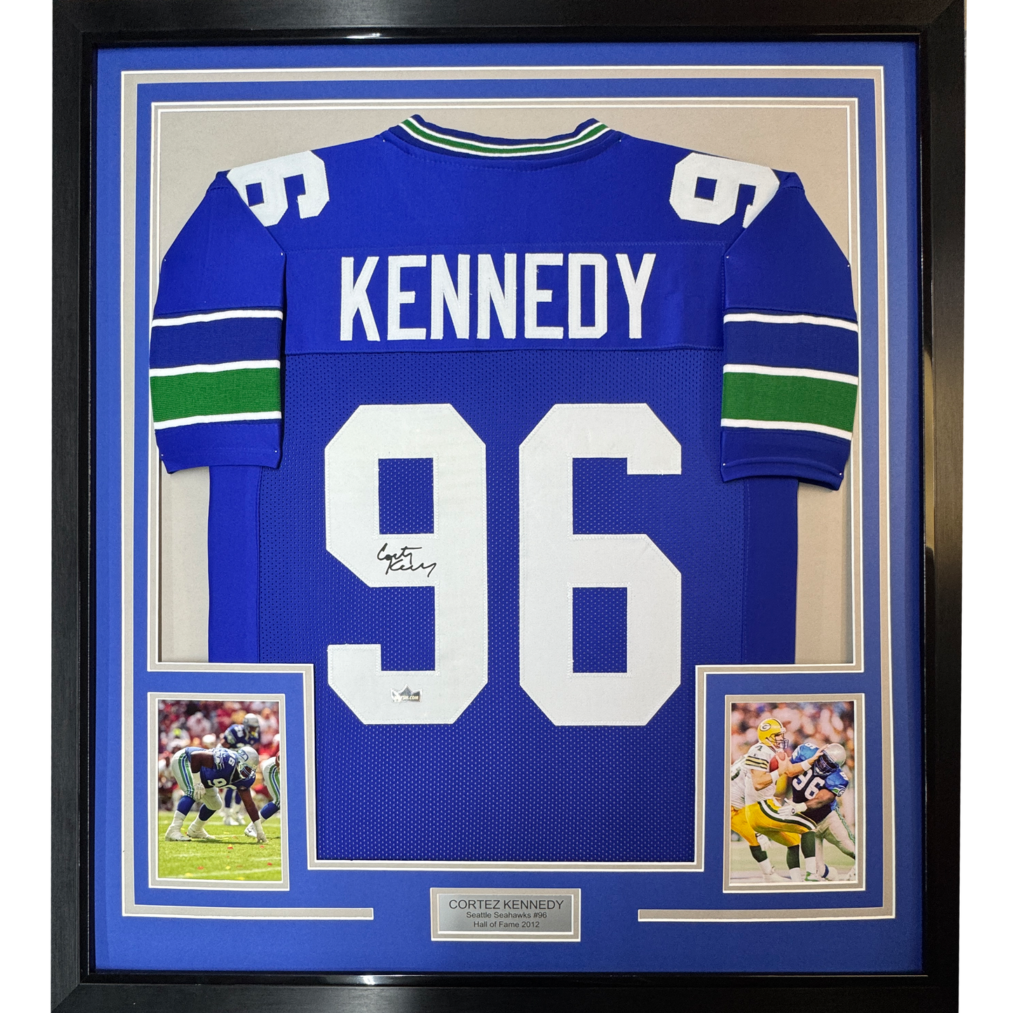 Framed Facsimile Autographed Cortez Kennedy 35x39 Seattle Blue Reprint Laser Auto Football Jersey