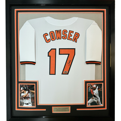 Framed Facsimile Autographed Colton Cowser 35x39 Baltimore White Reprint Laser Auto Baseball Jersey