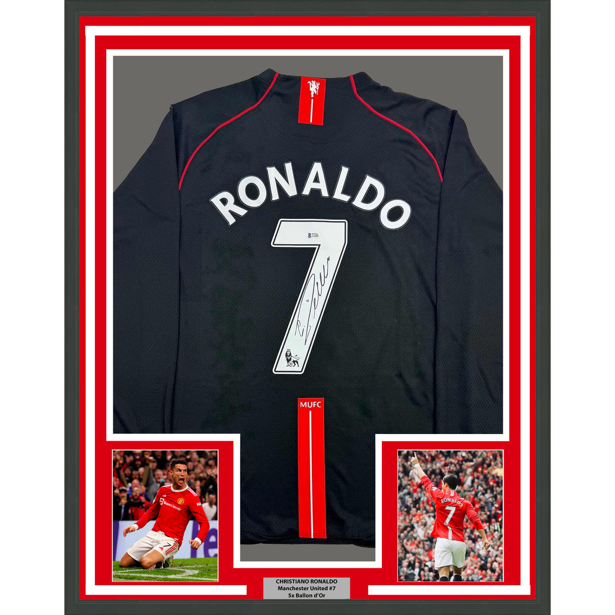 Framed Autographed/Signed Cristiano Ronaldo 35x39 Manchester United Black Soccer Jersey Beckett BAS COA #3