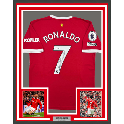 Framed Autographed/Signed Cristiano Ronaldo 35x39 Manchester United Red Soccer Jersey Beckett BAS COA