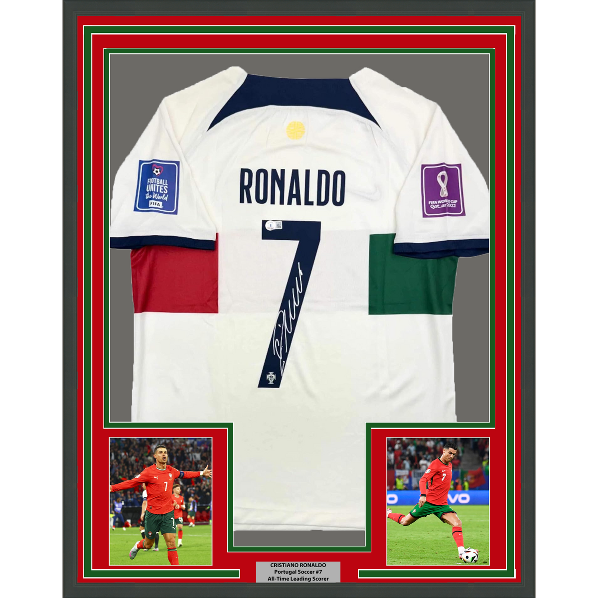 Framed Autographed/Signed Cristiano Ronaldo 35x39 Portugal World Cup Soccer Futbol Jersey Beckett BAS COA