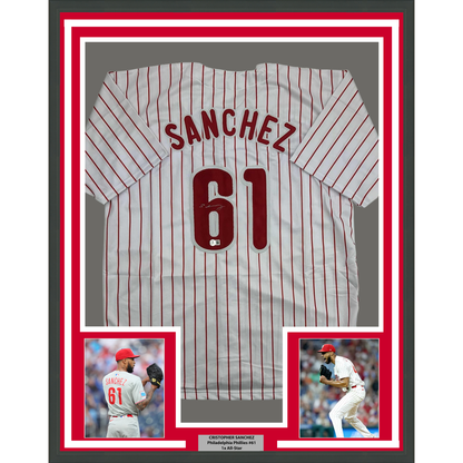 Framed Autographed/Signed Cristopher Sanchez 35x39 Philadelphia Pinstripe Baseball Jersey Beckett BAS COA