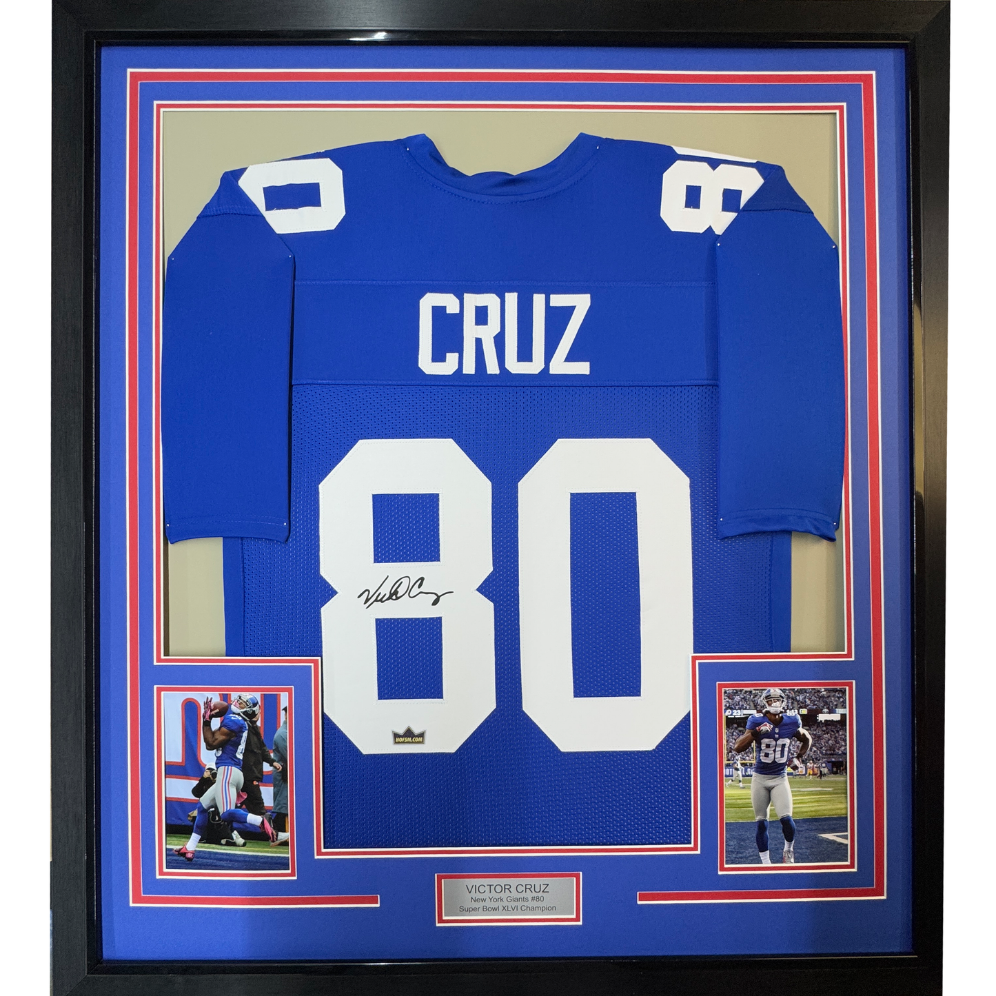 Framed Facsimile Autographed Victor Cruz 35x39 New York Blue Reprint Laser Auto Football Jersey
