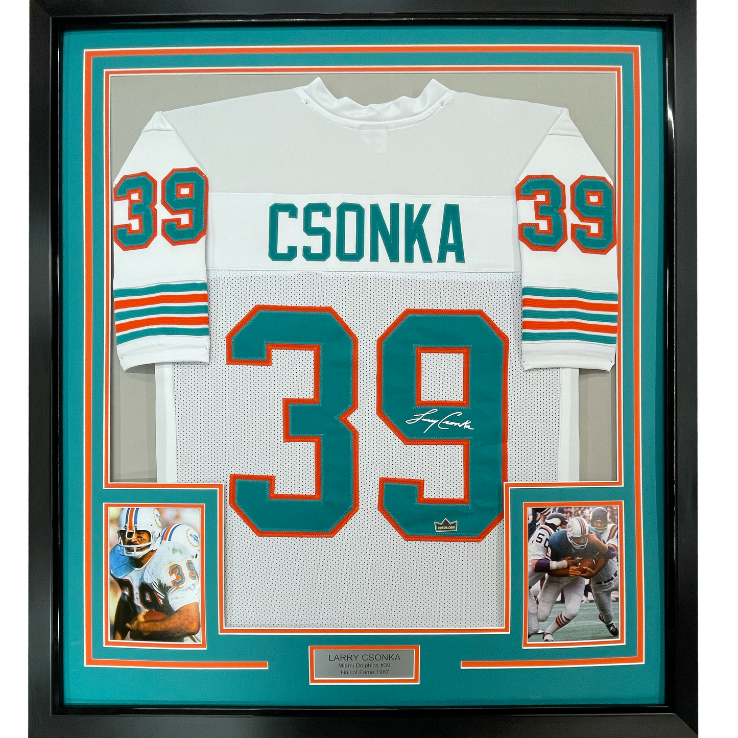 Framed Facsimile Autographed Larry Csonka 35x39 Miami White Reprint Laser Auto Football Jersey