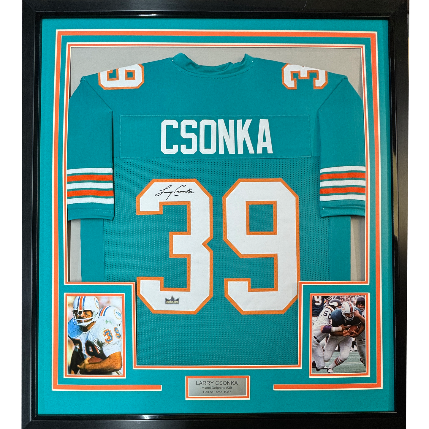 Framed Facsimile Autographed Larry Csonka 35x39 Miami Teal Reprint Laser Auto Football Jersey